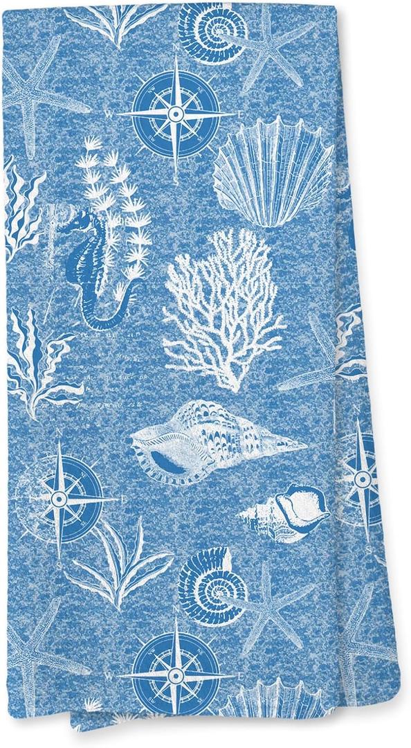 Giosve Blue Coastal Beach Kitchen Towels, Blue Seashell Seahorse Coral Decor Hand Towels for Bathroom, Coastal Beach Dish Tea Towels for Kitchen, Ocean Bathroom Decor, 16x24 Inch
