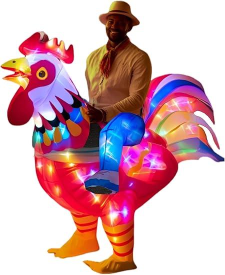 Adult Inflatable Chicken Costumes, LED Light Up Ride-on Rooster, Fancy Dress Funny Jumpsuit Cosplay Halloween Costume for Men Women Birthday Christmas (Chicken, Adult)