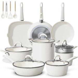 24Pcs Pots and Pans Set Non Stick,Ceramic Cookware Set with 8Qt Stockpot,Titanium-Reinforced Long-Lasting Nonstick,PFAS-Free,Induction Compatible,Complete Kitchen Set for Batch Cooking & Family Meals