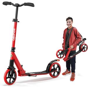 Campior Kick Scooter for Ages 6+, for Kids, Teens, and Adults, Max Load 240 LBS, Foldable, 8-inch Big Wheels for Kids and Adults, with Kickstand, 3 Adjustable Levels, Child Safety Approved, Red