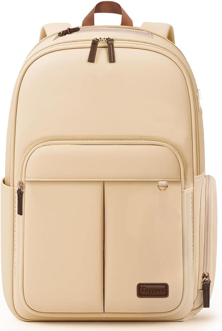 Taygeer 16 Inch Slim Laptop Backpack for Women, Mochila Para Mujer with D-ring for charms & Aroma Pads, Anti-Theft Waterproof Backpack with quick access Pocket for Work Office Business, Plain Beige