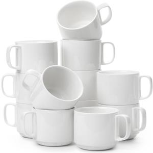 BTaT- Porcelain Stackable Coffee Mugs, 12 Pack, 12 oz, White, Ceramic Coffee Cups, Dishwasher and Microwave Safe, Christmas Gifts