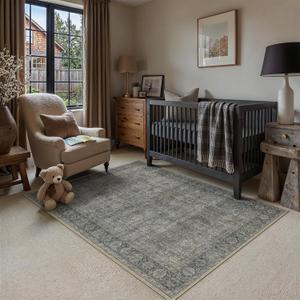 PureCozy Vintage Area Rug 4x5 Grey Brown Entryway Office Washable Carpet Non Slip Bedroom Indoor Living Room Door Mat Low Pile Traditional Distressed Retro Accent Rug for Dining Room Bathroom Kitchen