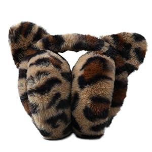 BAOPLAYKIDS Foldable Cat Ear Earmuffs Winter Warm Outdoor Ear Warmer Headband Fur Ear Covers Muffs, Leopard Brown