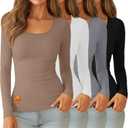 4 Pack Women's Thermal Shirt Fleece Lined Long Sleeve Scoop Neck Top Undershirt Fitted Winter Base Layer Underwear (Medium, Black, White, Light Coffee, Light Mixed Gray)