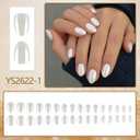 Press on Nails Oval - White Short Press on Nails with Chrome Design, Bright White Short Oval Fake Nails for Women Manicure, Salon Quality | Glossy Finish | 16 Sizes - 32 Pcs