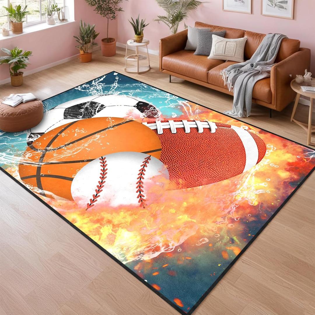 Basketball Rug 6'x8' - Basketball Rug for Boys Bedroom Kids Football Mat Water Fire Sports Rugs Boys Room Soccer Rugs Baseball Carpet for Playroom Living Room Bedroom Decor