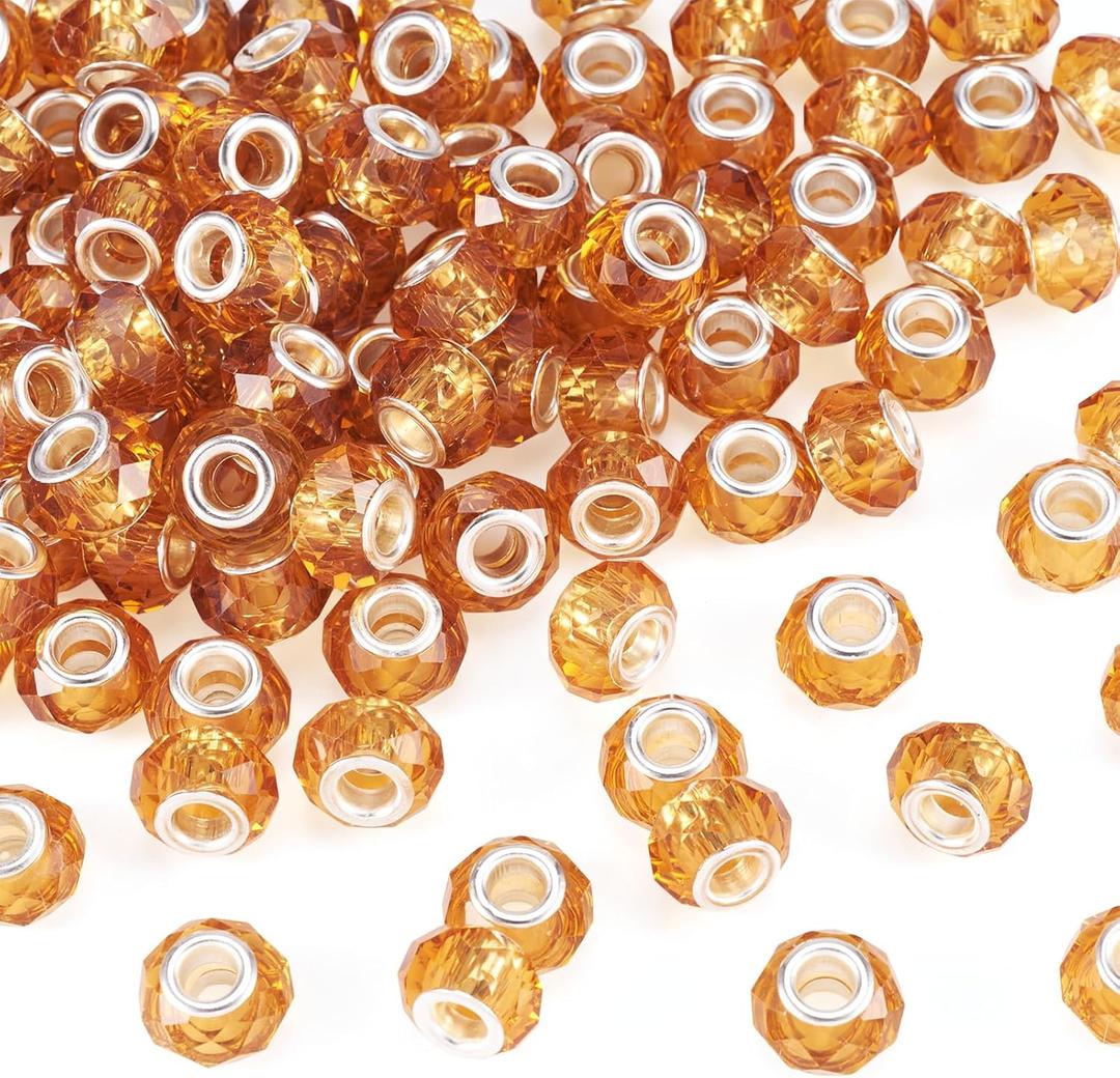 100pcs 14mm Large Hole Beads Glass Crystal Faceted Beads Goldenrod European Crystal Spacer Bead for Necklace Earring Bracelet Crafts Jewelry Making