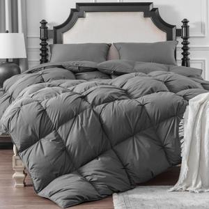 KAKABELL Pinch Pleat Goose Down Feathers Fiber Comforter King Size All Season-Ultra Soft and Cozy Noiseless Duvet Insert with Egyptian Cotton Blend Cover,Fluffy Warm Comforter Insert(Grey,90"X106")