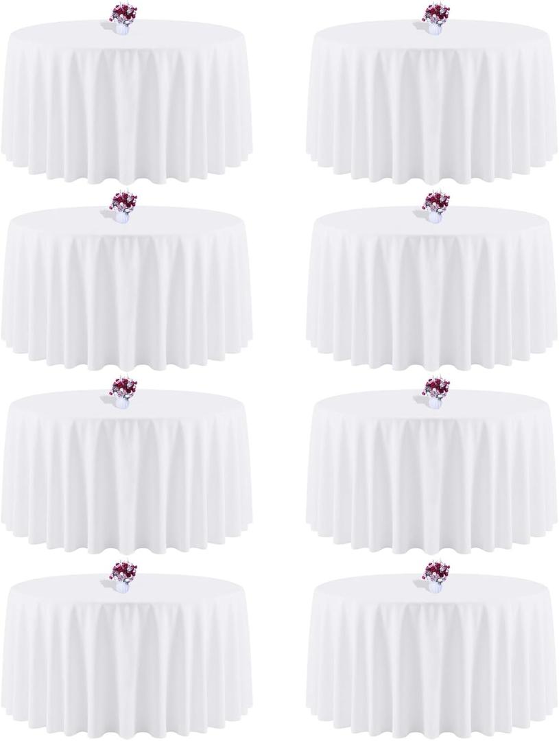 8 Packs 120 Inch White Round Tablecloth in Diameter, Washable Polyester Fabric Tablecloths, Wrinkle Resistant Table Cloth for Wedding Party Banquet Dining
