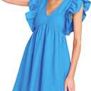 FANCYINN Women's Summer Casual Babydoll Mini Dress Ruffle Sleeveless Deep V Neck Pleated Swing Flowy Tunic Dress (Blue, M)
