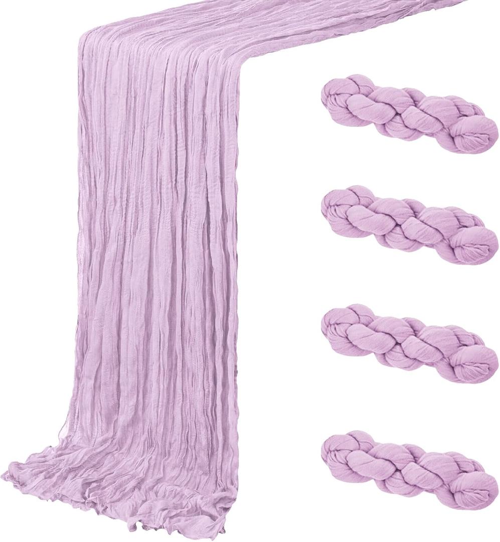 4 Pack Lavender Cheesecloth Table Runner 20 x 120 inch Gauze Table Runners 10 FT Long,Semi Sheer Boho Cheese Cloth Fabric Table Runner Bulk for Wedding,Party,Baby Shower,Bridal Shower Decoration