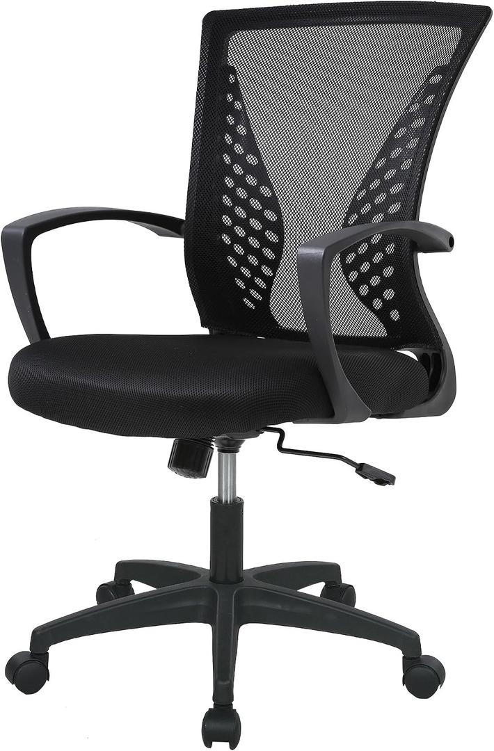 FDW Home Office Chair Mid Back PC Swivel Lumbar Support Adjustable Desk Task Computer Ergonomic Comfortable Mesh Chair with Armrest (Black)