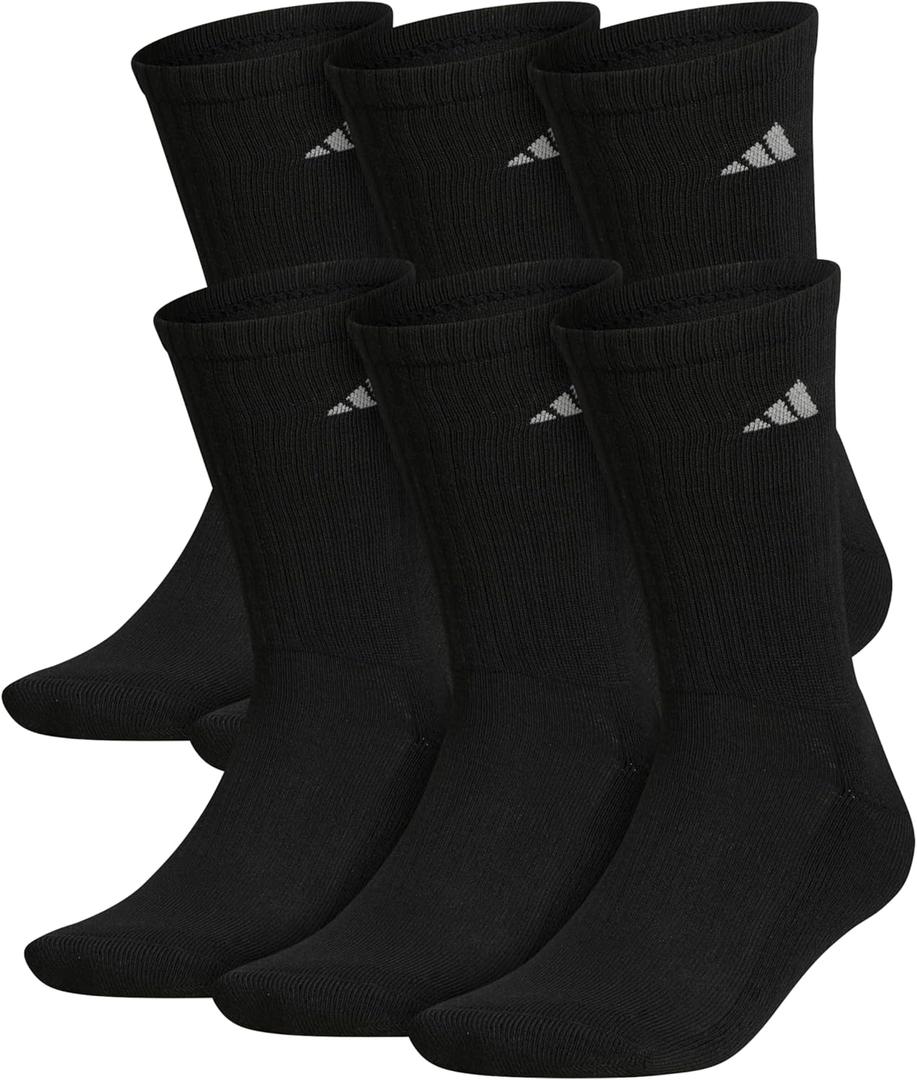 adidas Men's Athletic Cushioned Crew Socks (6 Pairs) Durable & Comfortable (Black, L)