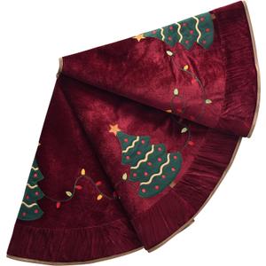 X.Sem Christmas Tree Embroidered Velvet Christmas Tree Skirt with Pleat Velvet Border 50'' Dark Red (Dark Red, 50 inch)