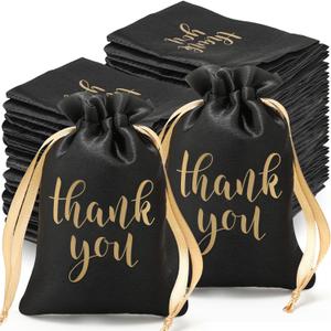 Roowest 100 Pcs Thank You Satin Gift Bags Drawstring Jewelry Candy Pouches for Wedding Bridal Shower Baby Shower Favor Drawstring Bag for Birthday Holiday Party(6 x 9 Inch,Black)