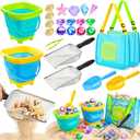 DISHIO Beach Toys for Kids, 25 Pcs Metal Sand Sifter & Collapsible Beach Buckets Set, Stainless Steel Sand Shovel, Sandcastle Building Kit with Mesh Bag, Travel Sand Toys for Toddlers Age 3-10