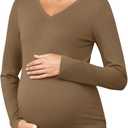 Yousify Womens Maternity Tops V Neck Long Sleeve Fitted Tunic Shirts Casual Basic Tees Mama Pregnancy Clothes (Brown)