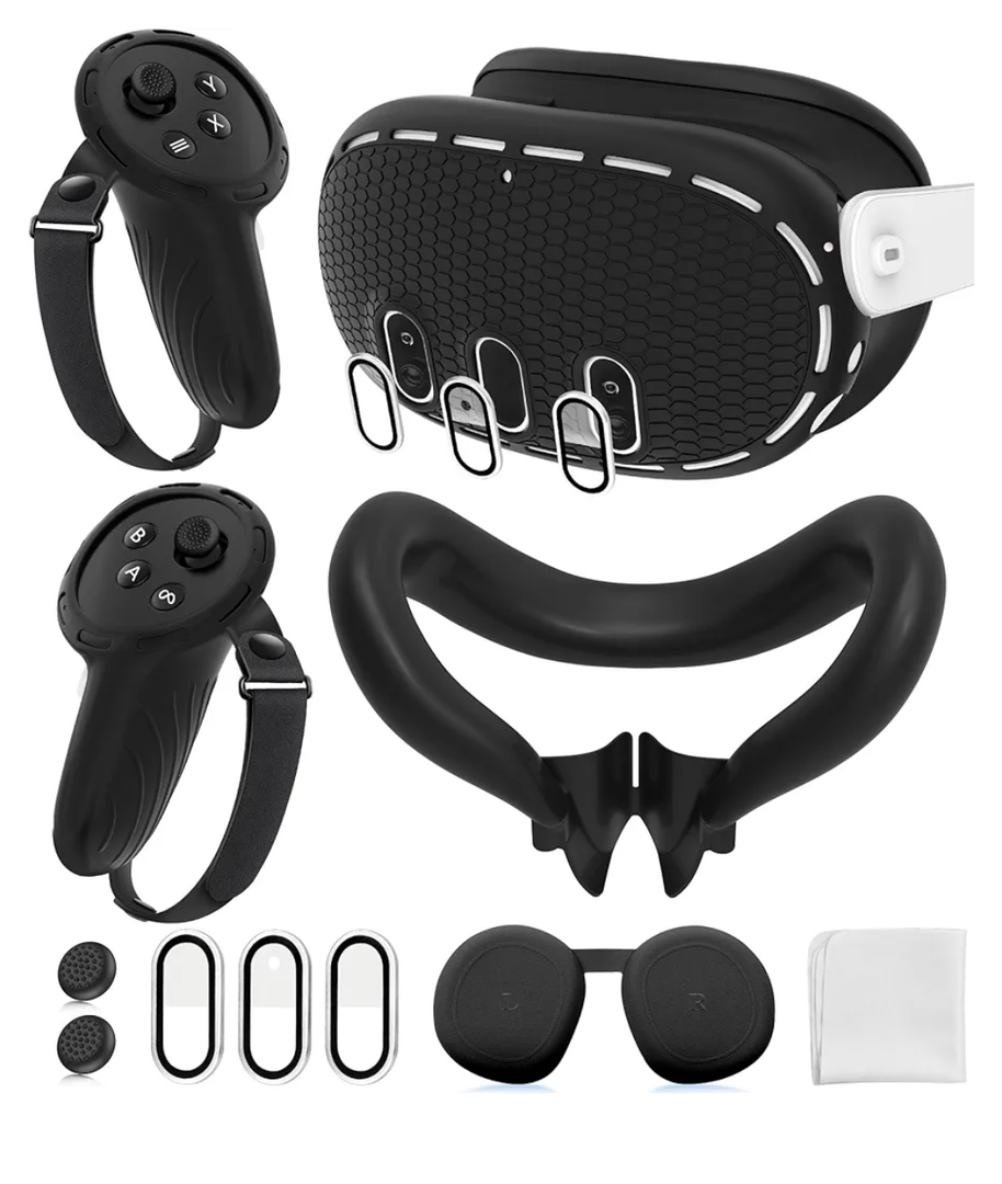 Silicone Cover Set Compatible with Meta/Oculus Quest 3 Accessories, Controller Grips, VR Shell Cover, Facial Interface Cover, Protective Lens Cover, Tempered Glass Lens Caps, Not Fit Quest 3S