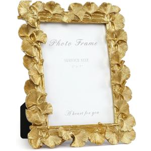 Cuspin 5x7 Picture Frame, Ornate Vintage Gold Photo Frame with Glass Front, Resin Ginkgo Leaf Textured Picture Frames for Tabletop or Wall Mount, Horizontal or Vertical