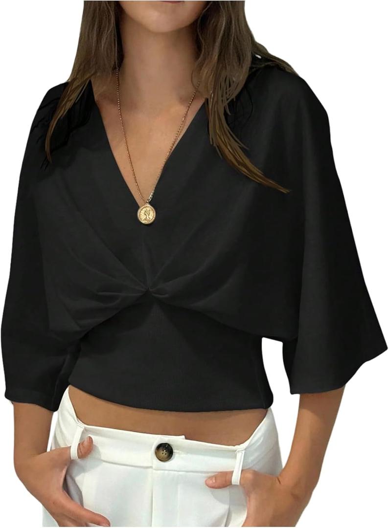 GORGLITTER Women's Dolman 3/4 Length Sleeve Cinched Waist Tops Ruched V Neck Blouses Summer Vacation Going Out Outfits, Black, Medium