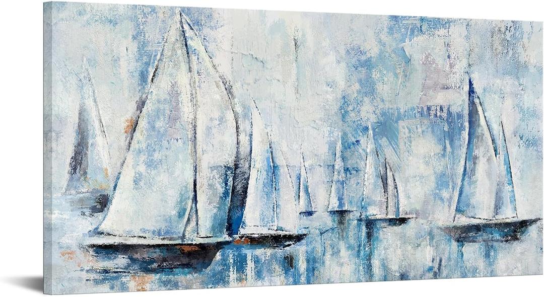 sechars Sailboats Painting Canvas Art Abstract Sailing Boats Wall Decor Rustic Nautical Theme Home Office Living Room Decorations 24x48 Inch (Blue)