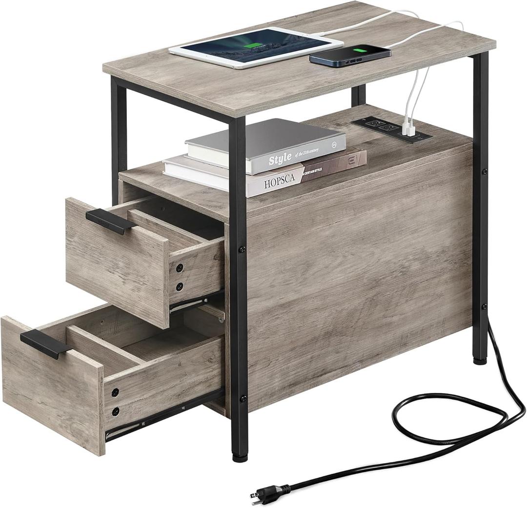 VASAGLE Side End Table with Charging Station, Slim Nightstand with 2 Drawers, Narrow Bedside Table for Living Room, Small Spaces, Heather Greige and Ink Black ULET321B02