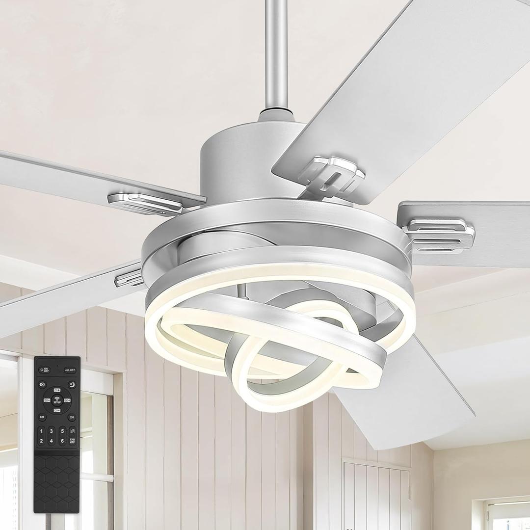 52" Modern Ceiling Fans with Lights,Silver Chandelier Fan with 6-Speed Dimmable LED and Quiet Reversible DC Motor,Rustic Fandelier Ceiling Fan with 5 Dual Finish Blades for Bedroom Living Room