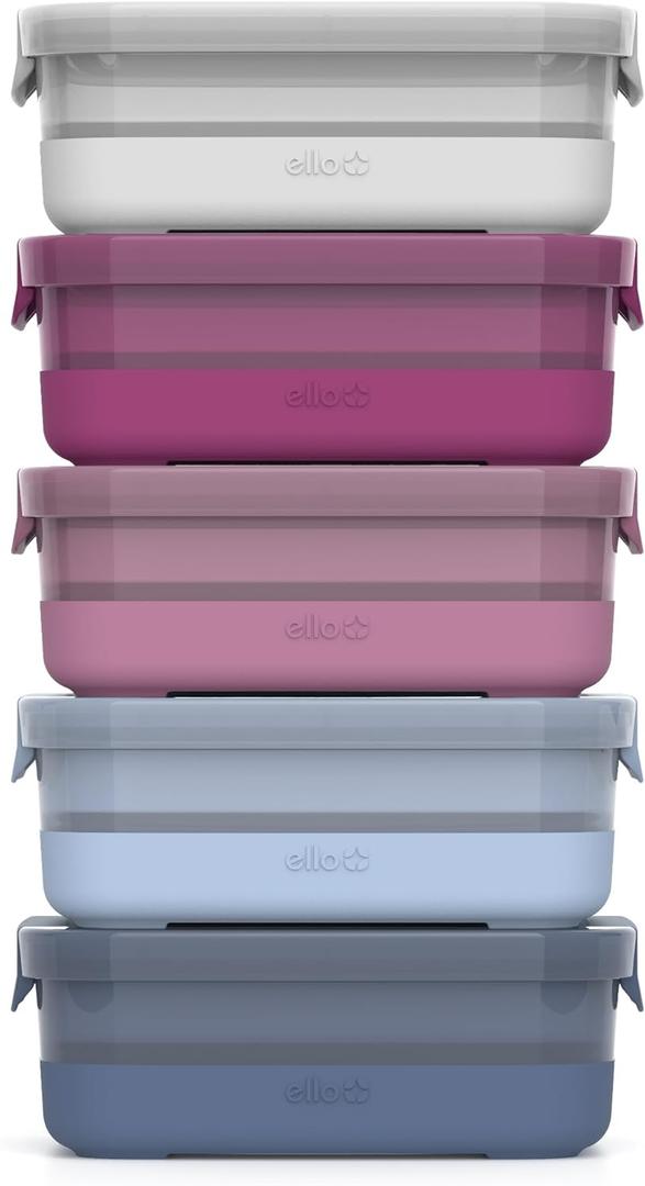 Ello Plastic Meal Prep Set BPA Free Plastic Food Storage Container with Silicone Boot and Airtight Lids, Dishwasher, Microwave, and Freezer Safe.