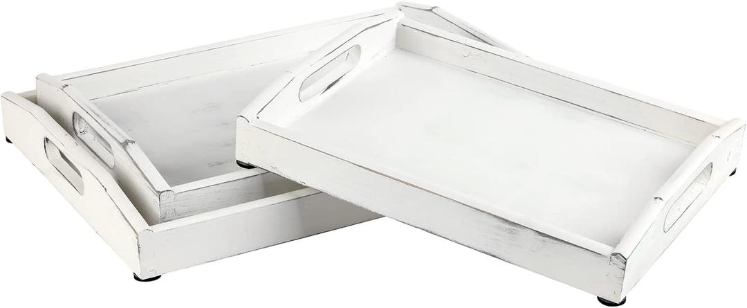 MyGift Vintage Rustic Whitewashed Wood Nesting Serving Trays/Decorative Ottoman Trays with Oval Cutout Handles, Set of 3