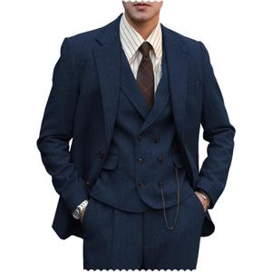 Mens Formal Tweed Wool 3 Piece Wedding Slim Fit Suit Prom Tuxedos Groomsmen (Blue, L)