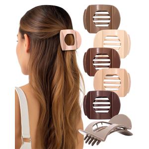 AWAYTR 6Pcs Flat Hair Clips for Women Strong Grip Curved Claw Clip for Thin Hair Non-slip Plastic Hair Barrettes ((Light Brown+Dark Brown+Light Brown+Dark Brown+Off-White+Chestnut))