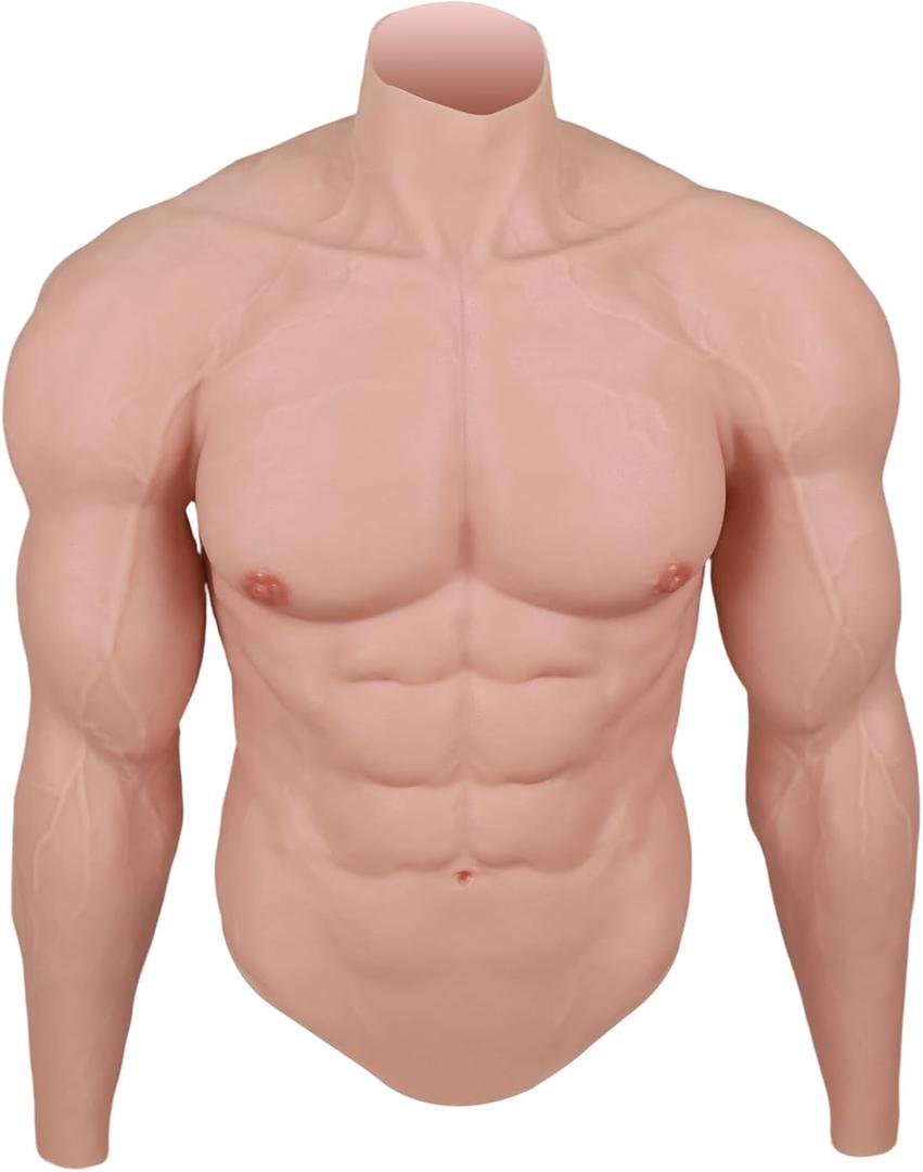 Silicone Muscle Suit with Arms for Men, Realistic Muscular Chest & Abs Half-Body Cosplay & Performance (Ivory)