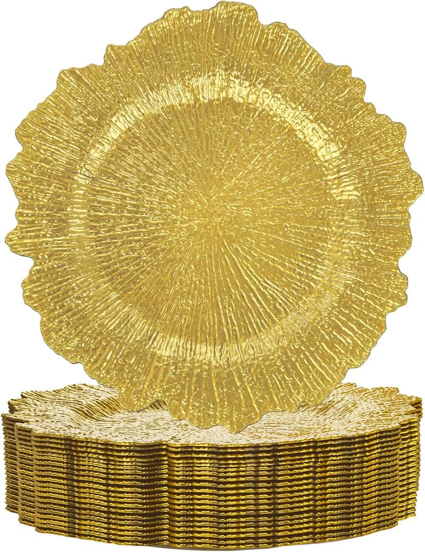 Supernal 20pcs Gold Charger Plates, Gold Chargers For Dinner Plates With Flora Reef Design,13inch Plastic Plate Chargers Suitable for Dinner, Wedding Party, Event Holiday Decoration