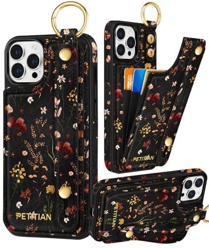 Petitian for iPhone 12/12 Pro Case with Wallet - Women Girls Cute Girly Aesthetic Unique Design Leather Credit Card Holder Cardholder Stand Wristband for iPhone 12/12 Pro, Grow Flower