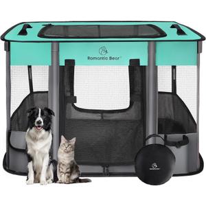 Romantic Bear Dog Playpen,Pet Playpen,Foldable Dog Cat Playpens,Portable Exercise Kennel Tent Crate,Water-Resistant Breathable Shade Cover, Indoor Outdoor Travel Camping Use for Small Animals with Carrying Case(M) (Green)