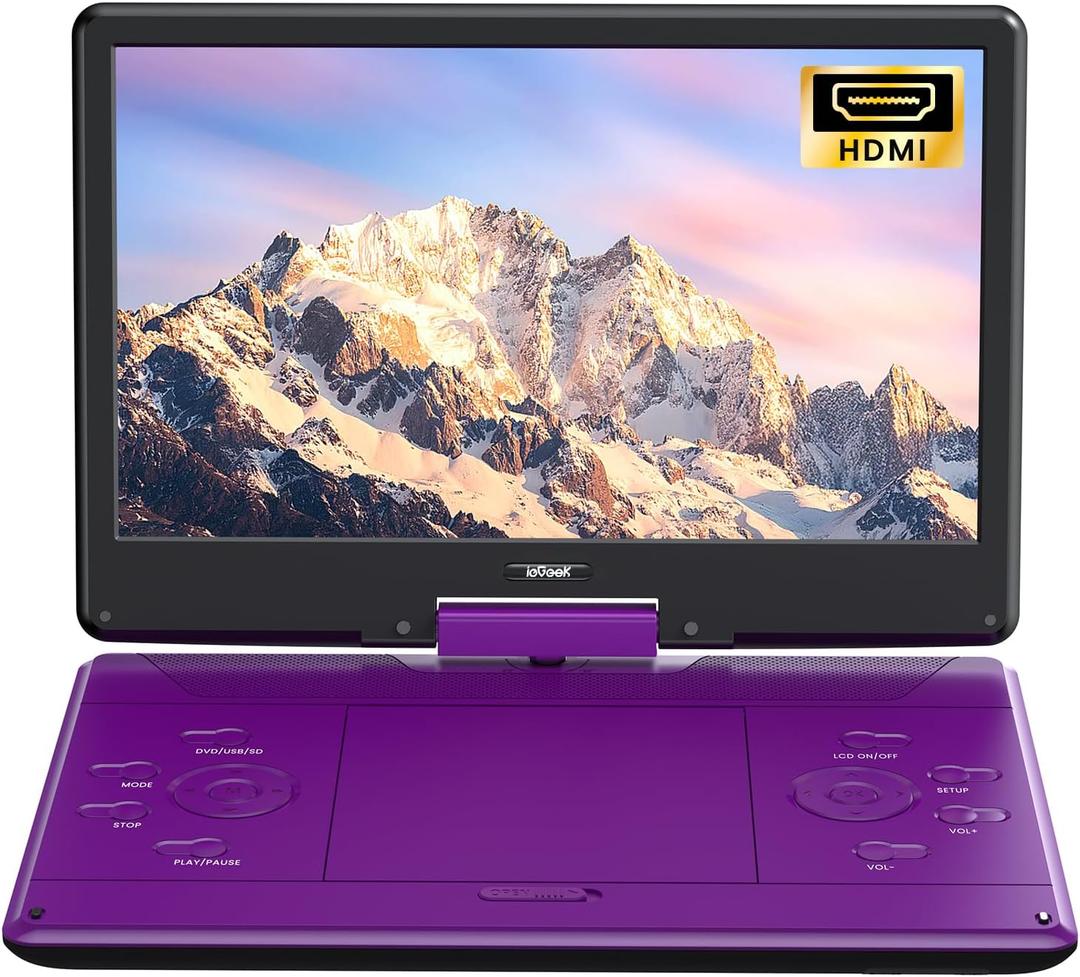 ieGeek 15.9" Portable DVD Player with 14.1" Swivel Screen, HDMI Input, 6-Hour Rechargeable Battery, Region Free, USB/SD Playback, Ideal Gift for Seniors, Kids and Travel, Purple