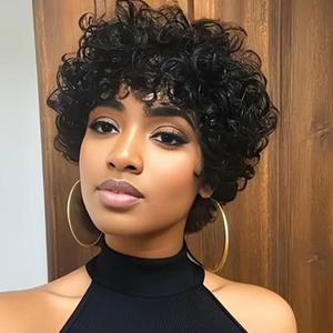 MOONSHOW Short Curly Wigs for Black Women Pixie Cut Wig Curly Bob Wigs for Black Women Short Wig with Bangs Synthetic Afro Wigs Black Curly Wigs for African American Women (Natural Black)
