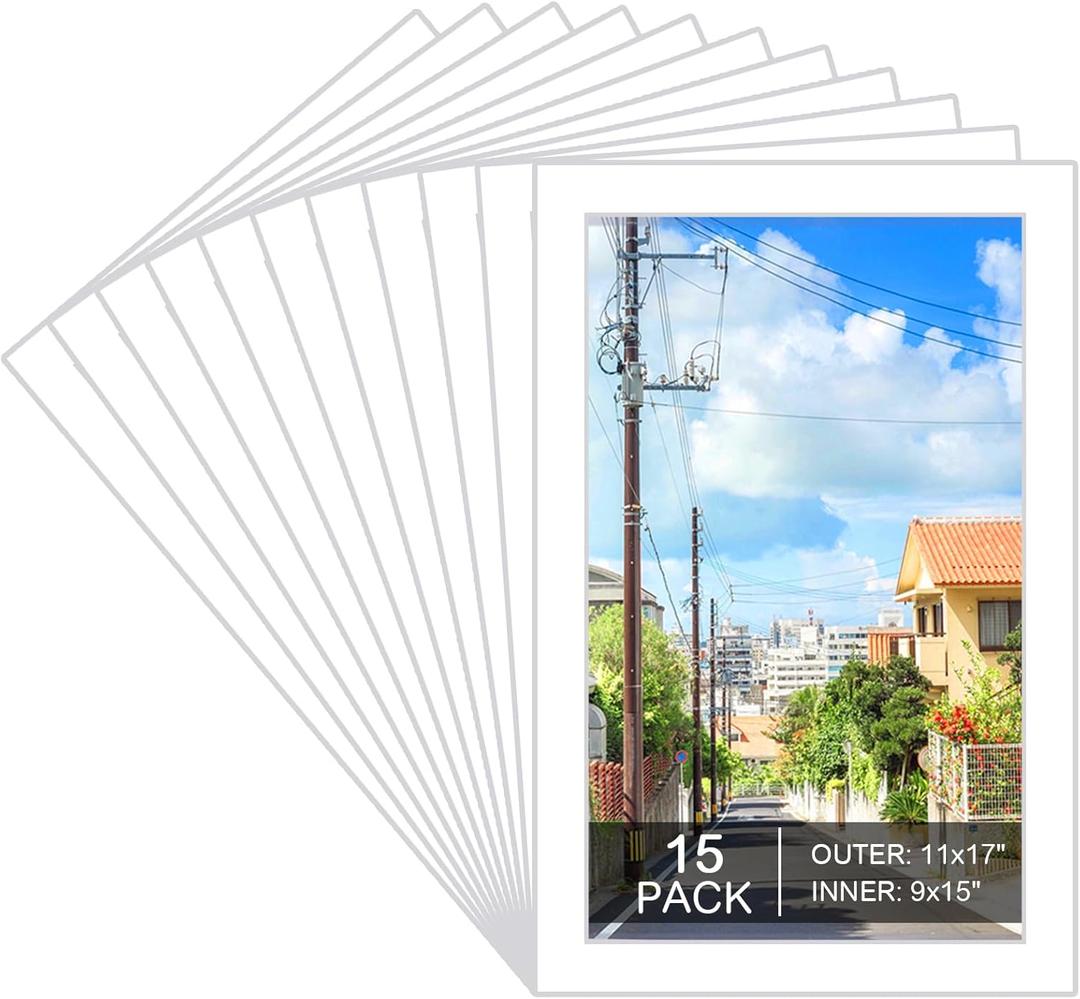 15 Pack 11x17 White Picture Mats, Frame Mattes for 9x15 Pictures Photo Frame Mat Core Bevel Cut Mat Board Show Kit for Photos, Prints, Artworks