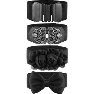 Chuangdi 4 Pieces Women Vintage Wide Waist Belt Black Belt for Dress Elastic Stretch Retro Waistband for Jeans Pants (Black)