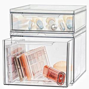 Set of 2 Stackable Storage Drawers - 6.7" Clear Plastic Drawer Storage, Acrylic Makeup Organizer, Desk Counter Cabinet Office Organizer, Bathroom Organizers and Storage (Modern/Set of 2)