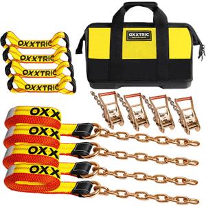 8 Point Roll Back Vehicle Tie Down Kit,Tow Truck Flatbed Straps with Chain Extension on Both Ends,WLL 3300 lbs,Heavy Duty Car Hauler Tire Over Wheel Tie Down Straps