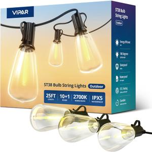 VIPAR Outdoor String Lights 25FT LED Patio Lights IPX5 Waterproof with 10+1 ST38 Shatterproof Edison Bulbs, 2700K Connectable Outside Hanging Light for Porch, Garden, Backyard, Deck, Balcony, Decor