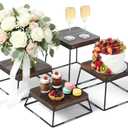 MyGift Dessert Table Display Set, 4pcs Food Risers, Brown Wood Buffet Risers, Pizza Stand with Matte Black Metal Wire Base, Dessert Display Stands