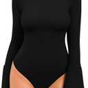 MANGOPOP Bell Sleeve Mock Neck Long Sleeve Bodysuit for Going Out Tops for Women (Medium)