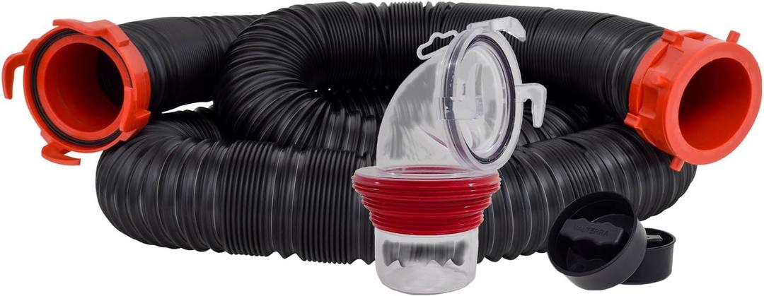 Valterra 15-Foot Dominator RV Sewer Hose Kit, Universal Sewer Hose for RV Camper, Includes 15-Foot Hose with Rotating Fittings, 90 Degree ClearView Sewer Adapter, and 2 Drip Caps