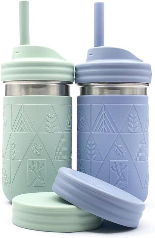 Elk and Friends 14oz Stainless Steel Kids + Toddler Drinking Cups | The Original Mason Jar with Sleeves + Lids | Silicone Straws | Smoothies | Storage Jar | Spill Resistant | Dishwasher Safe | 2 Pack (Misty Blue/Sage)