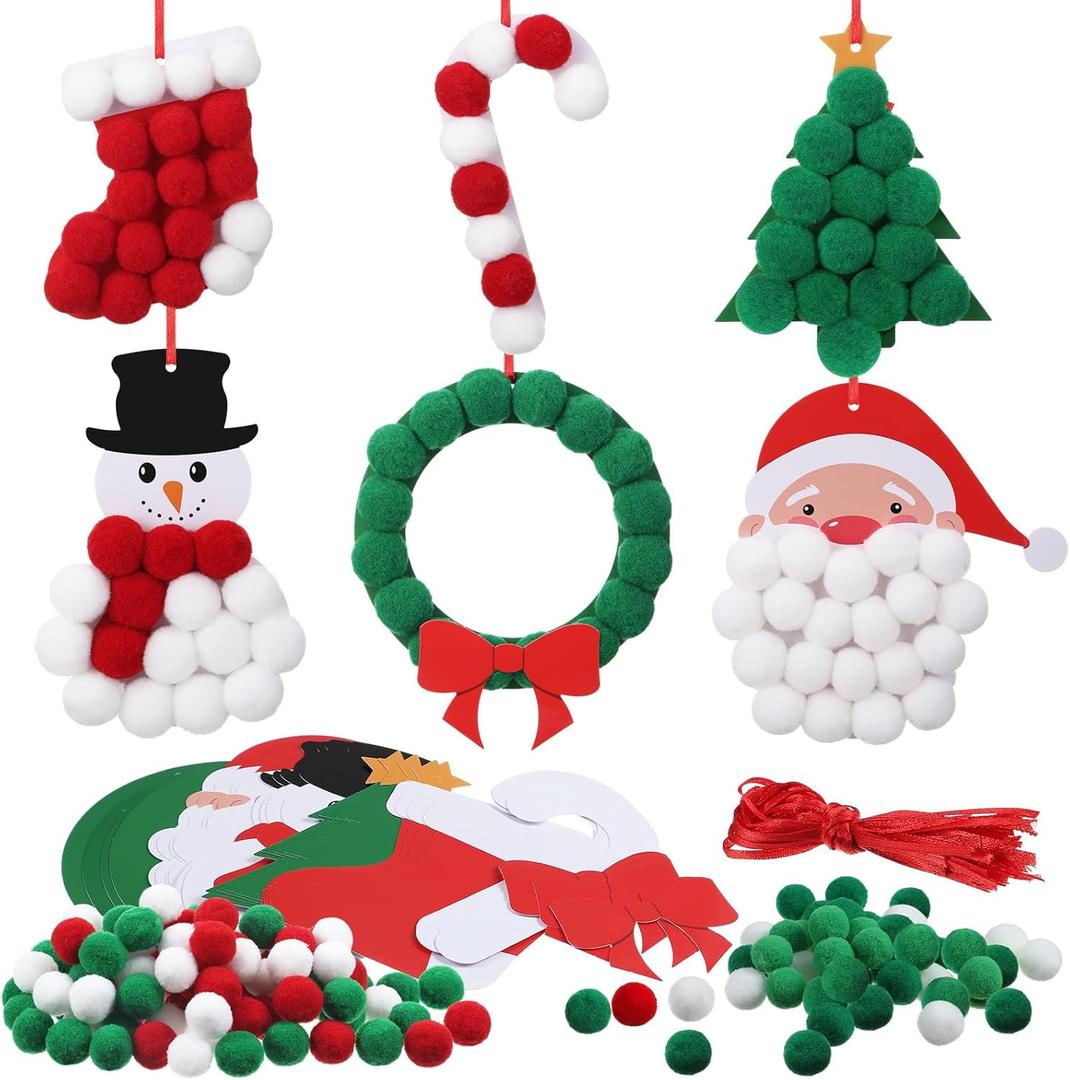 Realspring 24 Sets Christmas Pom-poms Craft Kit DIY Pom Pom Ornament Craft Bulk Christmas Tree Snowman Stockings Santa Wreath Candy Canes Xmas Poms Decor Fun Home Activity Classroom Party