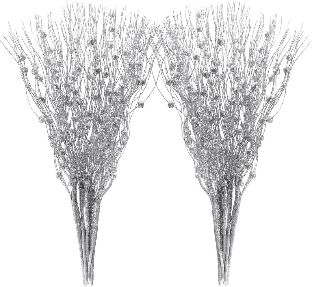 Yunsailing 20 Pcs Christmas Artificial Glitter Berry Stem Ornaments 17 Inch Fake Long Branch Tree Picks Flowers for Tall Vase Xmas Wedding Party Decoration(Silver)