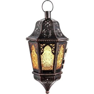 DECORKEY Hanging Moroccan Lantern Decorative Indoor & Outdoor, 13.6 Ramadan Decorative Amber Lanterns with Chian for Porch Patio Home Decor, Vintage Metal Christmas Candle Holder Decorations